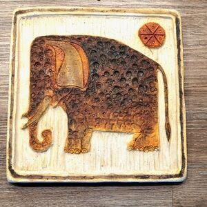 Vintage 1970 Marcello Fantoni Signed Italy Ceramic Elephant Tile Wall Hanging